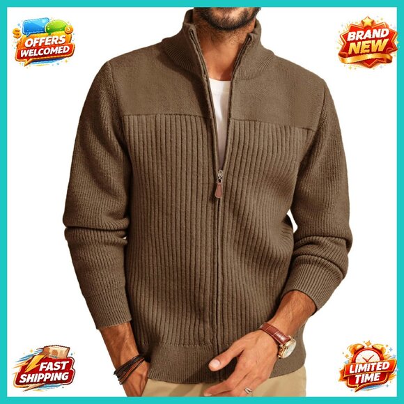 Men's Full Zipper Cardigan Ribbed Knit Stand Collar Sweater
